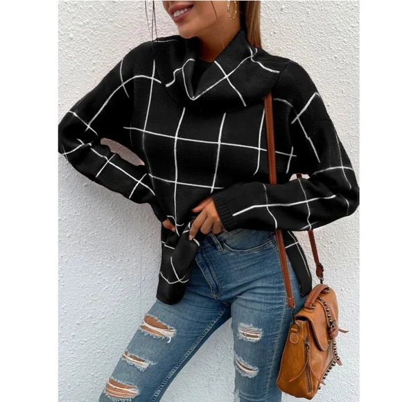 Black Grid Printed Long Sweater Plaid Pattern Split Sides Pullover Turtleneck - Picture 7 of 14